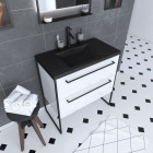 Meuble de salle de bain 80x50cm blanc - 2 tiroirs blanc - vasque résine noire effet pierre - structura p016