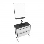 Pack meuble de salle de bain 80x50cm blanc - 2 tiroirs noir - vasque noir effet pierre et miroir noir mat - structura p018 Aurlane - PACM018