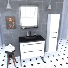 Pack meuble salle de bain + colonne - 80x50 -2 tiroirs noir - vasque noir et miroir led noir mat