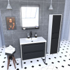 Pack meuble de salle de bain 80x50 noir - 2 tiroirs + vasque resine blanche + miroir + colonne Aurlane - PACM024