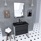 Meuble de salle de bain 80x50cm blanc - 2 tiroirs noir mat - vasque résine noire effet pierre et miroir noir mat - structura p029