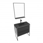 Meuble de salle de bain 80x50cm blanc - 2 tiroirs noir mat - vasque résine noire effet pierre et miroir noir mat - structura p029 Aurlane - PACM029