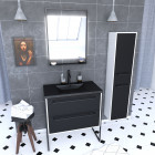 Ensemble meuble de salle de bain 80x50 cm - vasque noir effet pierre + colonne + miroir Aurlane - PACM030
