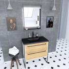 Meuble de salle de bain 80x50 cm + 2 tiroirs chêne naturel + vasque noir effet pierre + miroir led Aurlane - PACM039