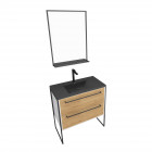 Meuble de salle de bain 80x50 cm + 2 tiroirs chêne naturel + vasque noir effet pierre + miroir noir Aurlane - PACM040