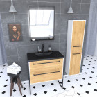 Meuble de salle de bain 80x50 cm - 2 tiroirs chêne naturel + vasque noir + miroir + colonne