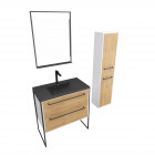 Meuble de salle de bain 80x50 cm - 2 tiroirs chêne naturel + vasque noir + miroir + colonne Aurlane - PACM041