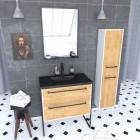 Ensemble de salle de bain 80 cm chêne naturel + vasque noir + miroir led + colonne de rangement Aurlane - PACM042