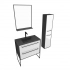 Pack meuble de salle de bain 80x50 cm - 2 tiroirs blanc - vasque noir - miroir - colonne suspendu Aurlane - PACM053