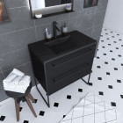 Meuble de salle de bain 80x50cm noir mat - 2 tiroirs noir mat - vasque résine noire effet pierre - structura p060