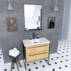 Meuble salle de bains 80cm tiroirs finition chêne et noir - vasque blanche - miroir - structura Aurlane - PACM067