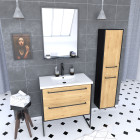 Meuble salle de bains 80 cm, vasque blanche, miroir et colonne - chêne et noir - structura Aurlane - PACM069