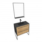Meuble de salle de bain 80x50cm noir mat - 2 tiroirs chêne brun - vasque résine noire effet pierre et miroir noir mat - structura p073 Aurlane - PACM073