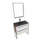Meuble de salle de bain 80x50cm - vasque noir effet pierre 80x50cm - 2 tiroirs - miroir led Aurlane - PACM083