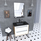 Meuble de salle de bain 80x50cm - vasque noir effet pierre 80x50cm - 2 tiroirs + miroir Aurlane - PACM084
