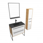 Meuble de salle de bain 80x50cm - vasque noir effet pierre 80x50cm - 2 tiroirs - colonne - miroir Aurlane - PACM086