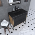 Meuble de salle de bain 80x50cm chêne brun - 2 tiroirs noir mat - vasque résine noire effet pierre - structura p093 Aurlane - PACM093