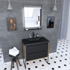 Meuble de salle de bain 80x50cm chêne brun - 2 tiroirs noir mat - vasque résine noire effet pierre et miroir led noir mat - structura p094