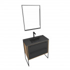 Meuble de salle de bain 80x50cm chêne brun - 2 tiroirs noir mat - vasque résine noire effet pierre et miroir led noir mat - structura p094 Aurlane - PACM094