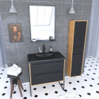 Meuble de salle de bain 80x50cm - vasque noir effet pierre -tiroirs noir mat + colonne + mirroir Aurlane - PACM097