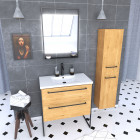 Meuble de salle de bain 80x50cm - vasque blanche - tiroirs finition chêne naturel + colonne + miroir Aurlane - PACM101