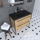 Meuble de salle de bain 80x50cm chêne brun - 2 tiroirs chêne brun- vasque résine noire effet pierre - structura p104 Aurlane - PACM104
