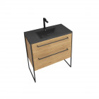 Meuble de salle de bain 80x50cm chêne brun - 2 tiroirs chêne brun- vasque résine noire effet pierre - structura p104 Aurlane - PACM104