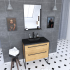 Pack meuble de salle de bain 80x50cm chêne brun - 2 tiroirs chêne brun - vasque résine noire effet pierre et miroir noir mat - structura p106 Aurlane - PACM106