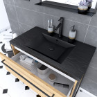 Pack meuble de salle de bain 80x50cm chêne brun - 2 tiroirs chêne brun - vasque résine noire effet pierre et miroir noir mat - structura p106