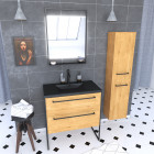 Pack meuble de salle de bain 80x50cm chêne brun - 2 tiroirs chêne brun - vasque résine noire effet pierre - miroir led noir mat et colonne chêne brun - structura p107 Aurlane - PACM107