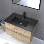 Meuble de salle de bain 80x54cm - finition chene naturel + vasque noire + miroir - timber 80 - pack11 Aurlane - PACM221