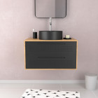 Meuble de salle de bain - 80x45x53cm finition chêne naturel + 2 tiroirs noir mat + vasque noir mat Aurlane - PACM259