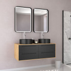 Meuble de salle de bains 120 cm_2 vasques rondes_2 miroirs led - chêne naturel et noir mat - uby Aurlane - PACM279