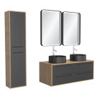 Meuble salle de bains 120cm_vasques rondes_miroirs led et colonne - chêne naturel et noir - uby Aurlane - PACM282