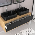 Meuble de salle de bains 120 cm - 2 vasques rectangles et colonne - chêne naturel et noir mat - uby Aurlane - PACM286