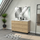 Meuble salle de bains 120cm 6 tiroirs chêne industriel + vasque blanche et miroirs avec appliques led Aurlane - PACM304