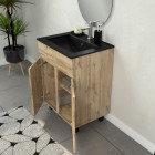 Meuble salle de bains 60cm 2 portes chêne industriel + vasque noire et miroir ovale Aurlane - PACM306