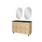Meuble salle de bains 120cm 4 portes chêne industriel + vasque noire et miroirs ovales Aurlane - PACM308