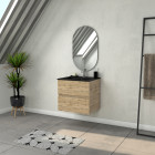 Meuble salle de bains 60cm 2 tiroirs chêne industriel + vasque noire et miroir ovale Aurlane - PACM309