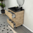 Meuble salle de bains 60cm 3 tiroirs chêne industriel + vasque noire et miroir ovale Aurlane - PACM312