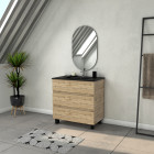 Meuble salle de bains 80cm 3 tiroirs chêne industriel + vasque noire et miroir ovale Aurlane - PACM313