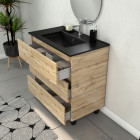 Meuble salle de bains 80cm 3 tiroirs chêne industriel + vasque noire et miroir ovale Aurlane - PACM313