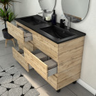Meuble salle de bains 120cm 6 tiroirs chêne industriel + vasque noire et miroirs ovales Aurlane - PACM314