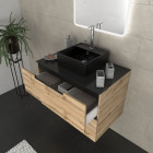 Meuble salle de bains 80 cm 2 tiroirs - chêne et noir - vasque carrée - miroir led - omega Aurlane - PACM369