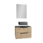 Meuble salle de bains 80 cm 2 tiroirs - chêne et noir - vasque carrée - miroir 60x80 - omega Aurlane - PACM376