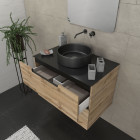 Meuble salle de bains 80 cm 2 tiroirs - chêne et noir - vasque ronde - miroir 60x80 - omega Aurlane - PACM445
