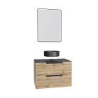 Meuble salle de bains 80 cm 2 tiroirs - chêne et noir - vasque ronde - miroir black led - omega Aurlane - PACM455