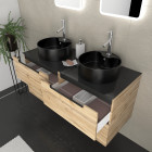 Meuble salle de bains 120cm chêne et noir, vasques rondes ø41cm et miroirs led 40x60 - omega Aurlane - PACM459