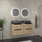 Meuble salle de bains 120cm chêne et noir, vasques rectangulaires et miroirs led ø50cm - omega Aurlane - PACM486