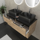 Meuble salle de bains 120cm chêne et noir, vasques rectangulaires et miroirs led ø50cm - omega Aurlane - PACM486